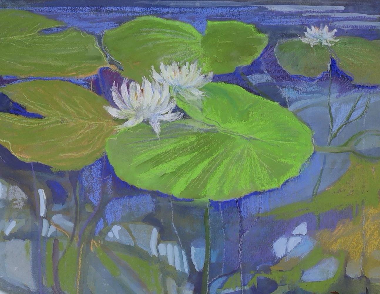 Madge Bright, three pastels, Waterlilies, signed, 24 x 34cm